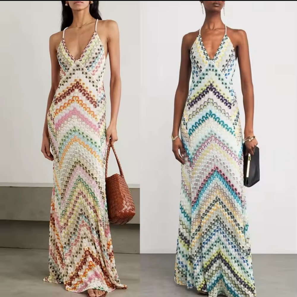 Sexy Women Printed Colorful Deep V-neck Maxi Dress Sleeveless Backless Sling
